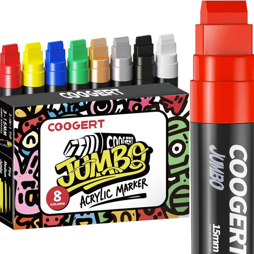 Coogert 8 Colors Jumbo Poster Markers, 15MM Thick Permanent Acrylic Graffiti Markers, Wide Tip Paint Marker for Canvas, Posters Board, Fabric, Window, Wood,Teachers,Banner painting supplies