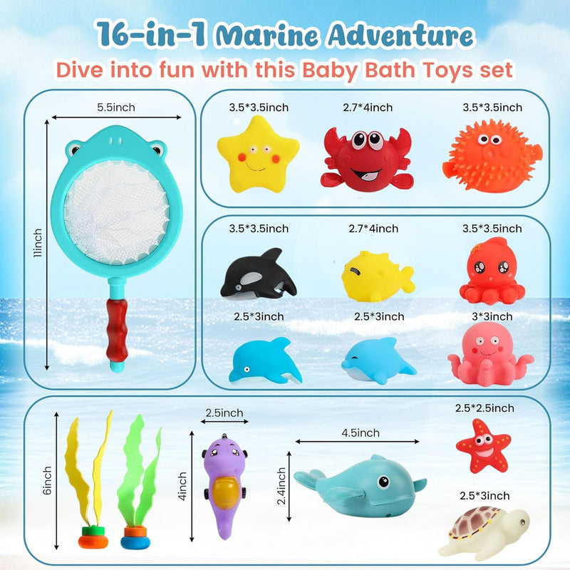 SHINDEL 16 PCS Baby Bath Toys, Ocean Animal Theme | Floating Pool Toys, Water Play Backyard Pool, Gifts for Kids Toddler Boys Girls, Montessori Sensory Bin Fillers
