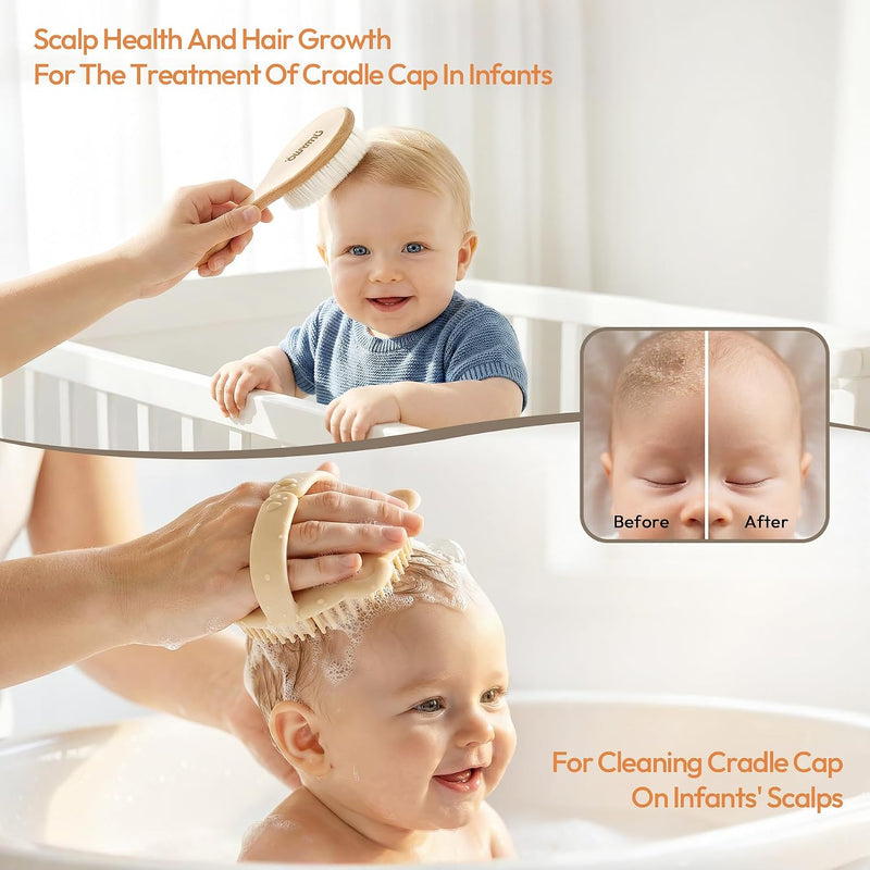 Baby Brush and Comb Set - 4 Piece Wooden Soft Bristle Hairbrush for Newborns, Baby Brush for Cradle Cap - Essentials Care Kit - Baby Shower Gift for Boys & Girls