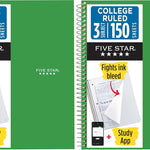 Five Star Spiral Notebook + Study App, 3 Subject, College Ruled Paper, Fights Ink Bleed, Water Resistant Cover, 8-1/2" x 11", 150 Sheets, Green (72067)
