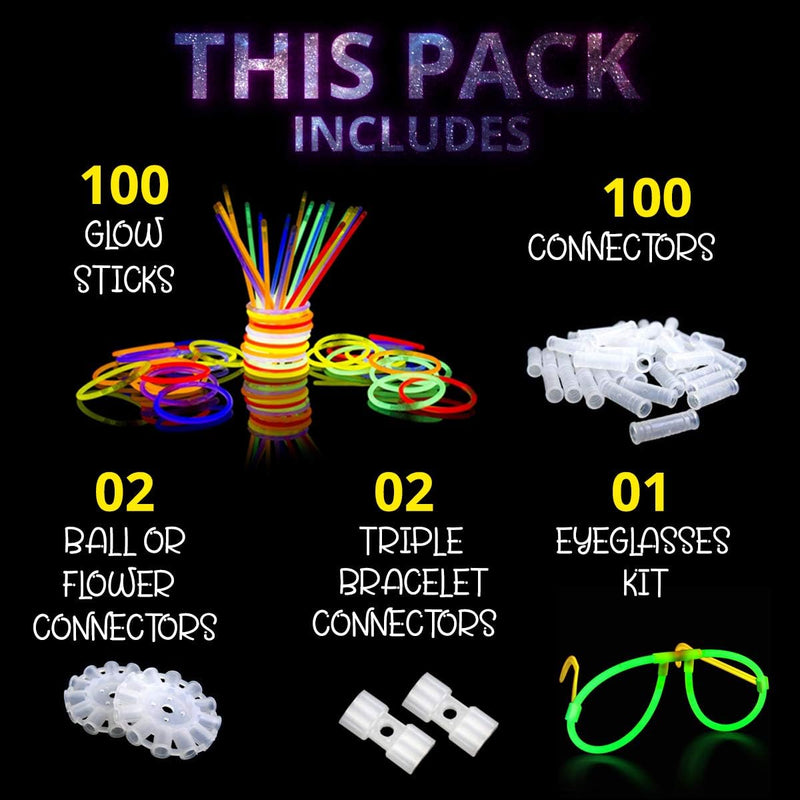 Ammy Glow Glow Sticks Bulk Party Pack, 205 Pcs Kit with Connectors & Glasses for Kids, LED Neon Glow in the Dark Party Supplies for Birthdays & Events