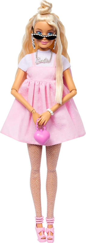 Barbie Deluxe Style Doll #3 in Barbiecore Outfit, Blond Hair in Top Knot, Pink Pastel Dress with Oversized Bow and Accessories Like Mesh Tights​​​
