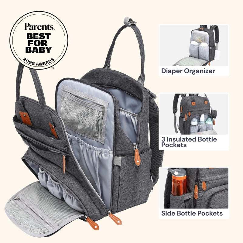 BabbleRoo Diaper Bag Backpack - Baby Essentials Travel Tote - Multi Function Water Resistant Diaper Bag, Travel Essentials Baby Bag with Changing Pad, Stroller Straps & Pacifier Case - Dark Gray