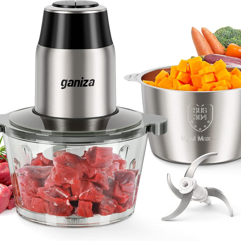 Ganiza Food Processors with 2 Bowls, 450W Meat Grinder Vegetable Chopper | 2-Speed Electric Food Chopper with 8 Cup Glass & 8 Cup Stainless Steel Bowls -Includes 2 Sets of Blades for Fruits/Meat/Nuts