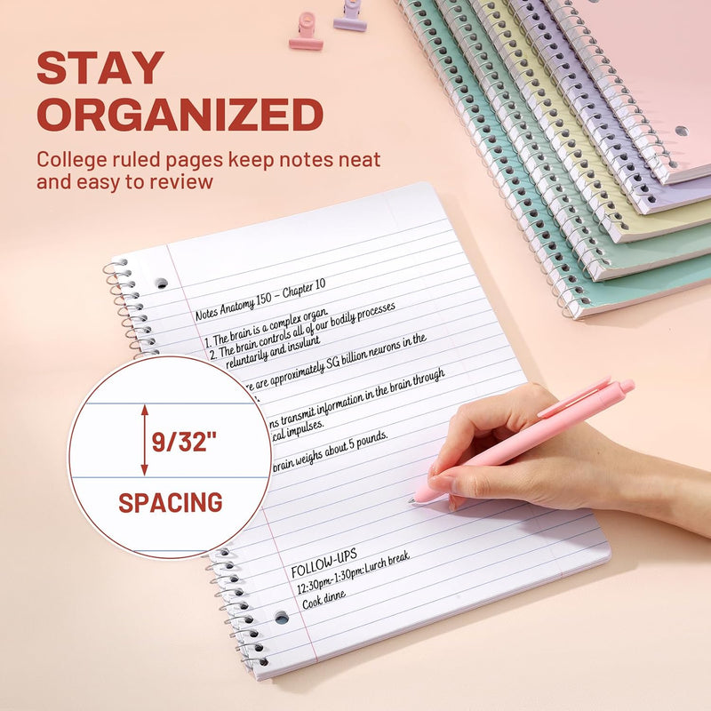 SUNEE Spiral Notebooks, 1-Subject, 5 Pack, College Ruled Paper, 8" x 10-1/2", 70 Sheets per Notebook,3-Hole Punched Paper, Pink,Purple, Blue, Green, Yellow Spiral Lined Notebooks for School,Work