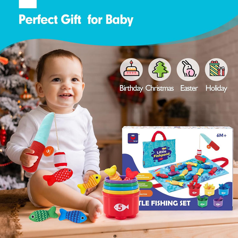 10-in-1 hahaland Montessori Cloth Fishing Game for 1 Year Old Boys and Girls with Stacking Cups