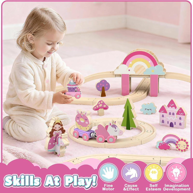 Lehoo Castle Unicorn Train Set for Toddlers 2-4, Wooden Train Track Toy for Girls