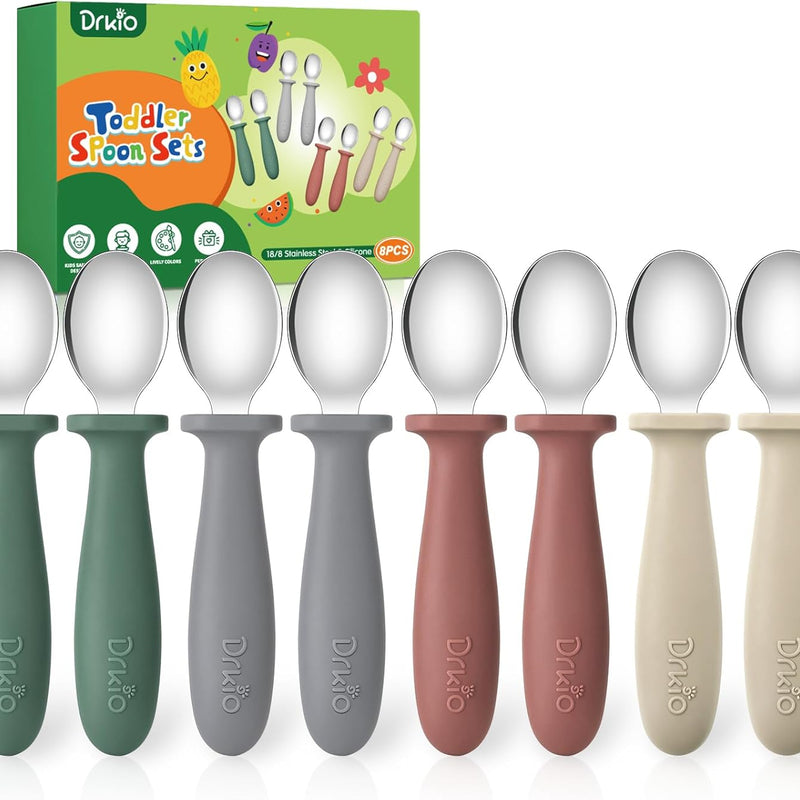 8 Pcs Toddler Forks Set Baby Forks with Silicone Handle | Kids Utensils Anti-Choke Design for Children's Safe Self-Feeding, Food-Grade Stainless Steel, Dishwasher Safe, BPA-Free