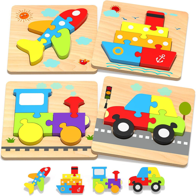 Yetonamr wooden toddler puzzles, 6 vehicle shape montessori toys for 1-3 year old boys and girls, high-quality and safe