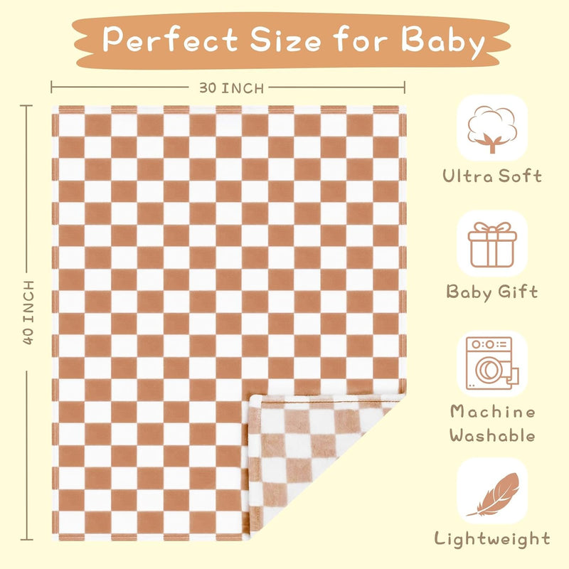 Yurhap Checkered Baby Blanket Fleece Baby Blankets Neutral for Boys Girls, Super Soft Warm Lightweight Infant Toddler Newborn Receiving Blankets for Crib Stroller, 30''x40'', Khaki