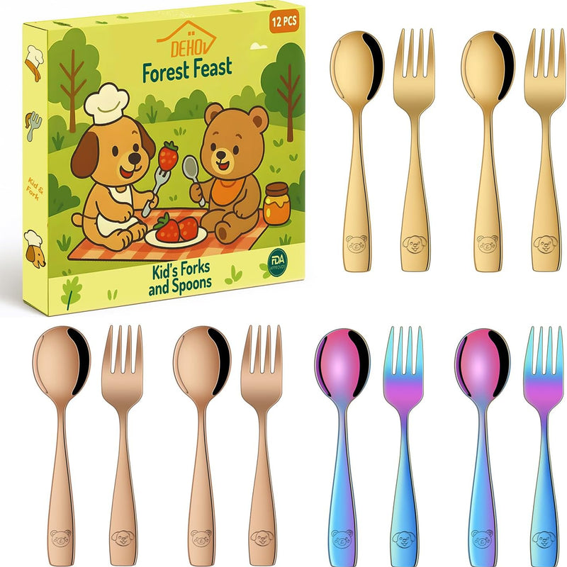DEHOV Toddler Eating Utensils Set,Set Of 12 Food Grade Stainless Steel Silverware Sets For Kids,Dishwasher Safe Children Small Metal Spoons And Forks Flatware Sets