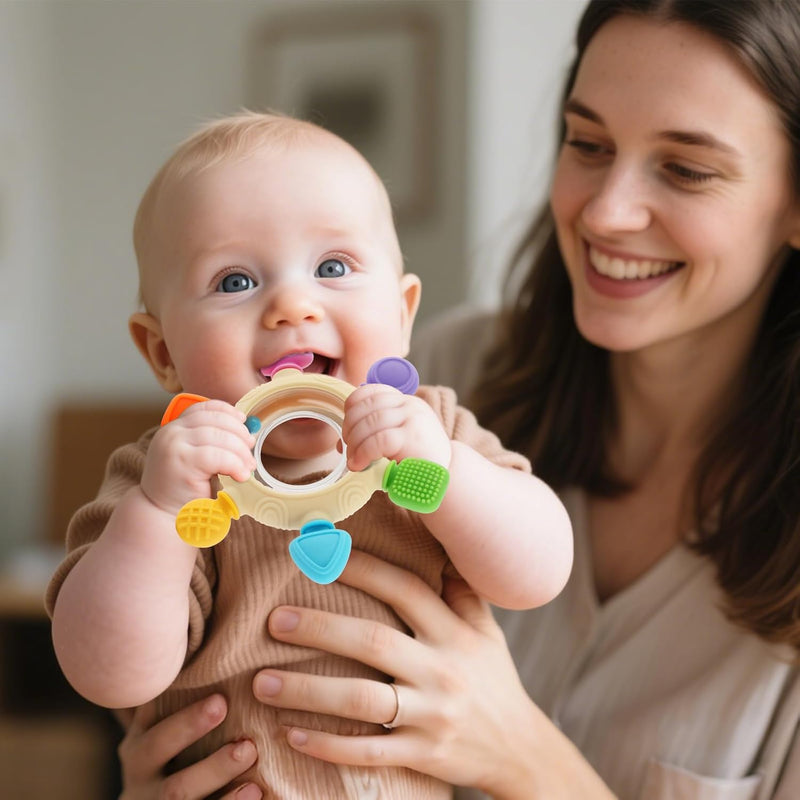 Silicone Baby Teether Rings for 0-6 and 6-12 Months Newborn Infant Relief Chew Soothing Sore Gums BPA Free