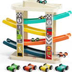 TOP Bright Toddler Wooden Race Track Car Ramp Toys with 4 Mini Cars and 1 Car Garage
