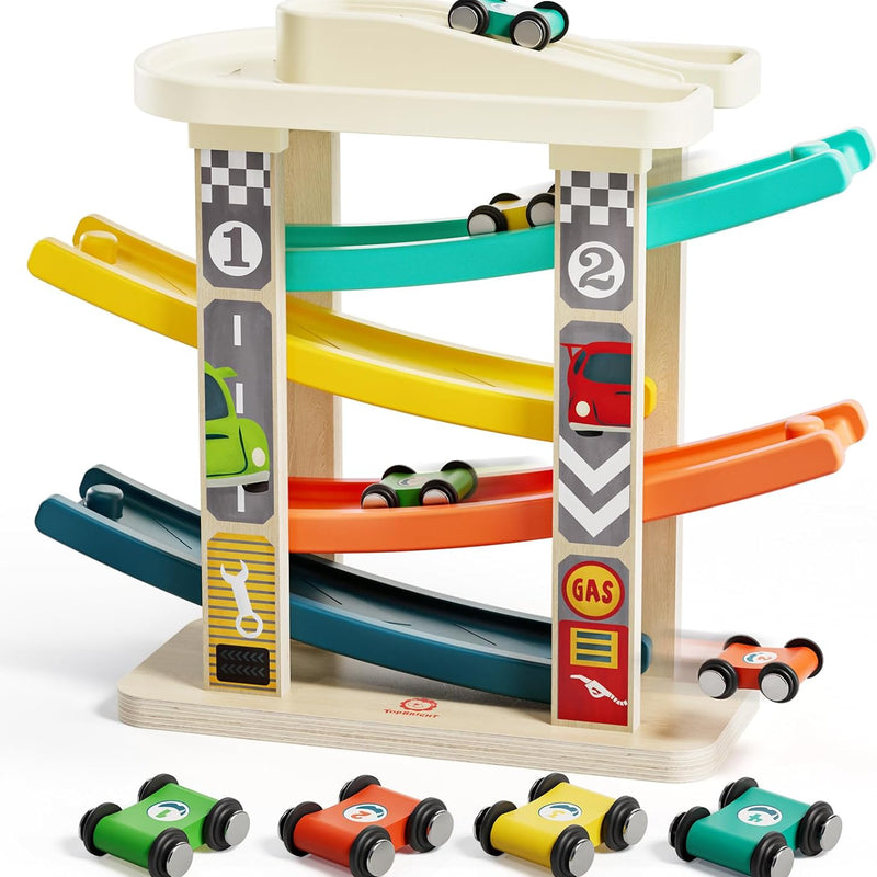 TOP Bright Toddler Wooden Race Track Car Ramp Toys with 4 Mini Cars and 1 Car Garage