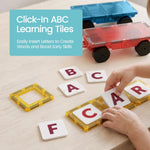 Playmags 100-Piece Magnetic Tiles for Kids, STEM Building Blocks Set with Click-in ABC Learning Tiles and Magnetic Figures