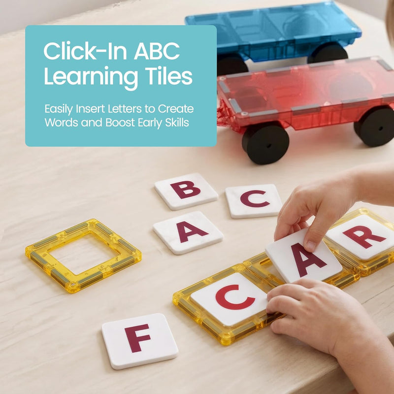 Playmags 100-Piece Magnetic Tiles for Kids, STEM Building Blocks Set with Click-in ABC Learning Tiles and Magnetic Figures