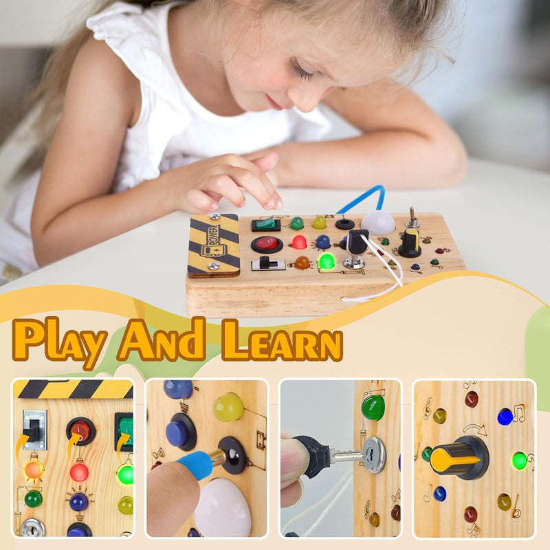 Montessori Wooden Busy Board with 8 LED Light Switches and Sensory Toys for 1+ Year Old Babies