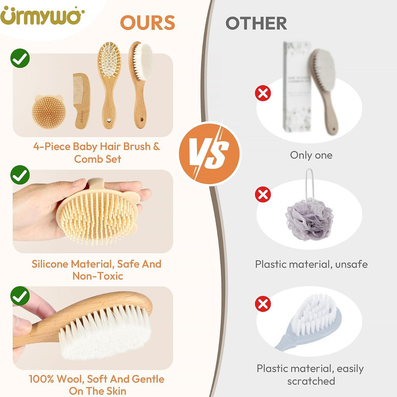 Baby Brush and Comb Set - 4 Piece Wooden Soft Bristle Hairbrush for Newborns, Baby Brush for Cradle Cap - Essentials Care Kit - Baby Shower Gift for Boys & Girls