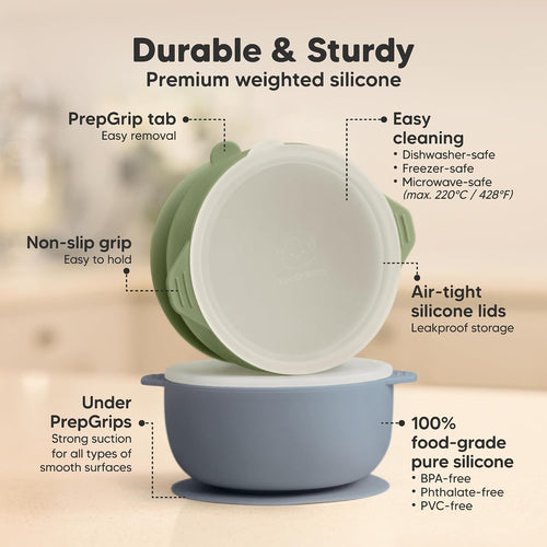 KeaBabies 2-Pack Baby Bowls with Suctions, Lids, BPA-Free Silicone (Slate) | Toddler Suction Bowls for Baby Boys, Girls, Kids, Food Grade Silicone, Dishwasher Safe, BLW Feeding, Baby Eating Essentials
