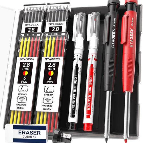 STAGEEK 2.8mm Carpenter Pencils with Sharpener, 2-Pack, Storage Case | 26 Refills, Deep Hole Long Nib Marker, Waterproof Heavy Duty Woodworking Tools for Architect Construction Electricians