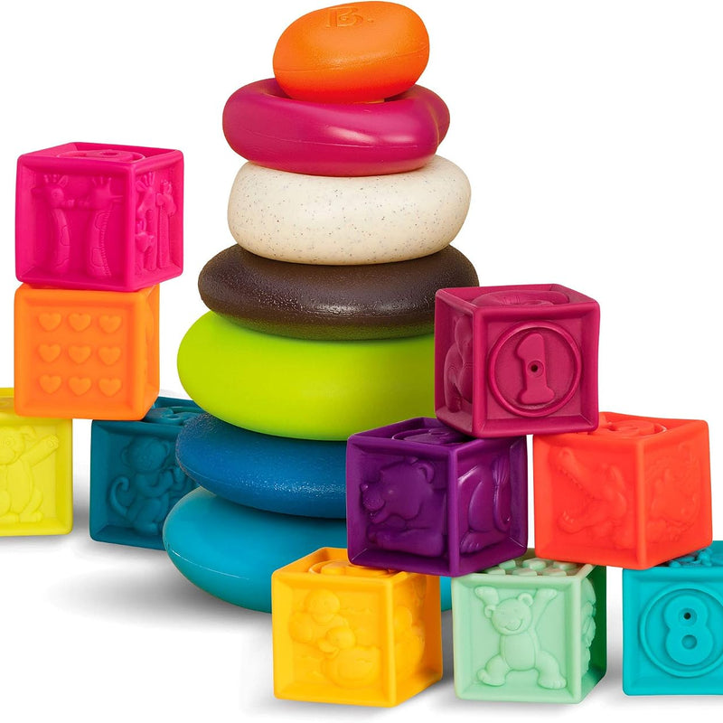 B. toys, One Two Squeeze Soft Building Blocks, 10 Pack, Blocks - 1, Baby | 10 soft blocks with numbers, shapes, colors, and animals; textured block play with reusable bag, Blocks - 1, Baby; 6+ Months