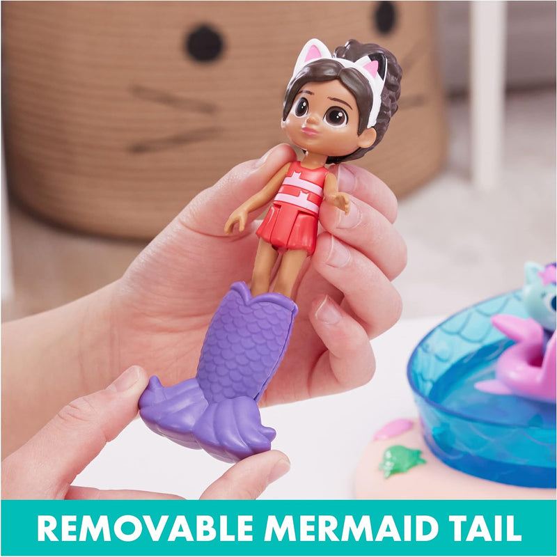 Gabby's Dollhouse, Purr-ific Pool Playset with Gabby and Mercat Figures, Color-Changing Mermaid Tails and Pool Accessories Kids Toys for Ages 3 and Up