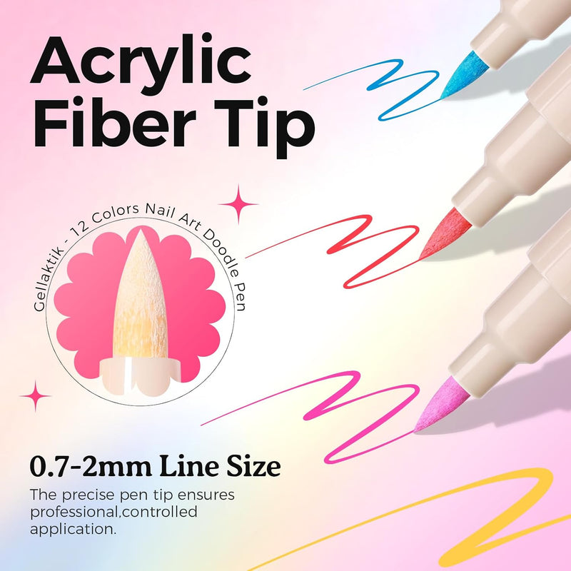 12 Colors Nail Art Pens Set, 3D Nail Polish Pens, Quick-Drying Acrylic Paint Markers, 0.7mm Dotting Painting Liner Brush for DIY Nail Design, Home & Salon Manicure Tools