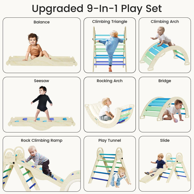 ElegantCrafts Pikler Triangle Set with Cushion, Montessori Climbing Set, Indoor Climb Toys, Indoor Playground Jungle Gyms, 9 Combinations Climbing Toy Set for Toddler, Baby, Kids 1-4