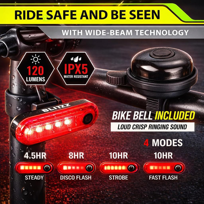 Water-Resistant Bike Light Set for Night Riding, USB Rechargeable Front and Rear Lights with Bell for Safety, 4+5 Modes for Men, Women & Kids