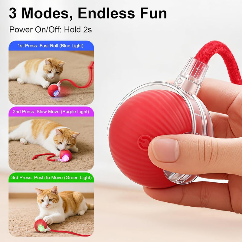 Smart Interactive Automatic Electric Rolling Moving Rechargeable Motion Activated Self Play Electronic Stimulation Chase Teaser Ball Toy with Rope for Indoor Bored Adult Cat and Dog Not Chewing, Pink