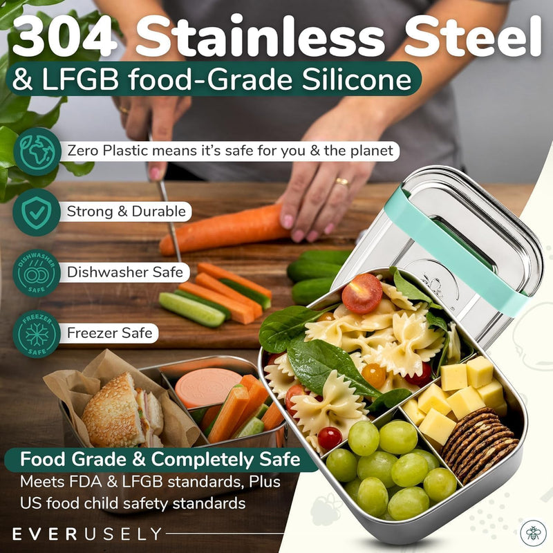 Everusely - Bento Box - Green, 27oz / 0.8 L - Stainless Steel Lunch Box with Leakproof Condiment Container - 3 Compartment Snack Organizer for On the Go Meals - Freezer & Dishwasher Safe