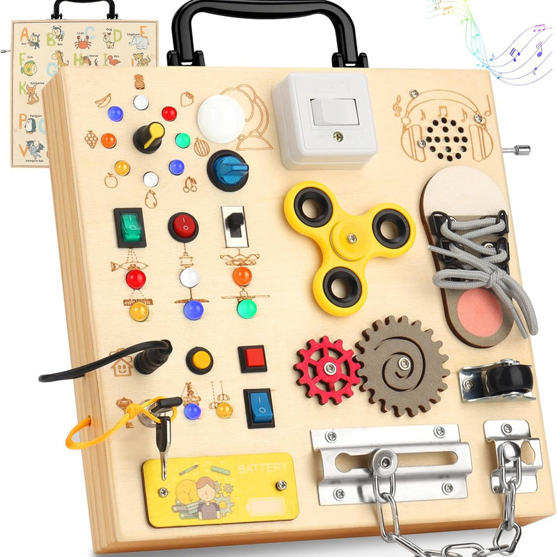 25-in-1 Montessori Busy Board with LED Lights, Sensory Activities for Toddlers 1-3 Years