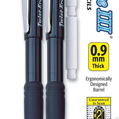 Pentel Twist-Erase III Mechanical Pencil, (0.9mm), Assorted Barrel Colors with 2 Eraser Refills, Pack of 2 (QE519BP2-K6)