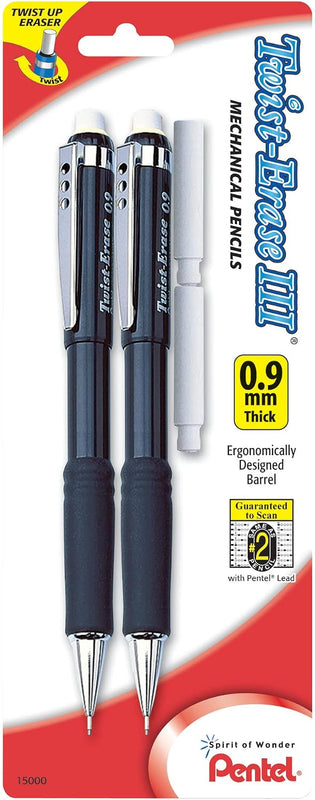 Pentel Twist-Erase III Mechanical Pencil, (0.9mm), Assorted Barrel Colors with 2 Eraser Refills, Pack of 2 (QE519BP2-K6)
