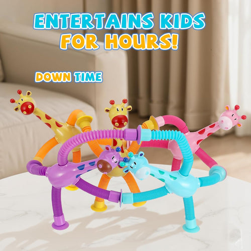 xonteus 4 pcs pop tubes giraffe toys, telescopic suction cup sensory fidget toys for kids, travel friendly entertainment essentials