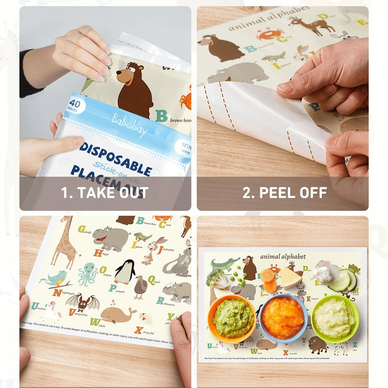 Babebay Disposable Stick-on Placemats 40 Pack for Baby & Kids & Toddler, Sticky Placemats Restaurant Table Mats 12" x 18" (Animal Alphabet)