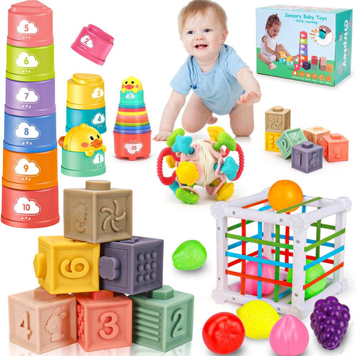 Qirptey Montessori Baby Toy,Stacking Cups Blocks Sensory Bin Teething Toys | Newborn Essentials Must Haves, Early Sensory Developmental, Toddlers Shape Color Learning, First Shower & Birthday Gifts