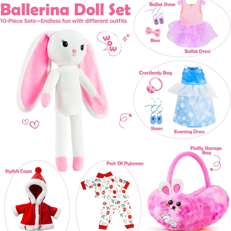 Ballerina Doll Stuffed Animals Girl Toys Age 3-8, Bunny Stuffed Animal, Ballet Dress Up Doll, Kids Pretend Play with 4 Set Clothes, Cape,Plush Bag 3 4 5 6 7 8 Year Old Girl Gifts Dance Recital Gifts