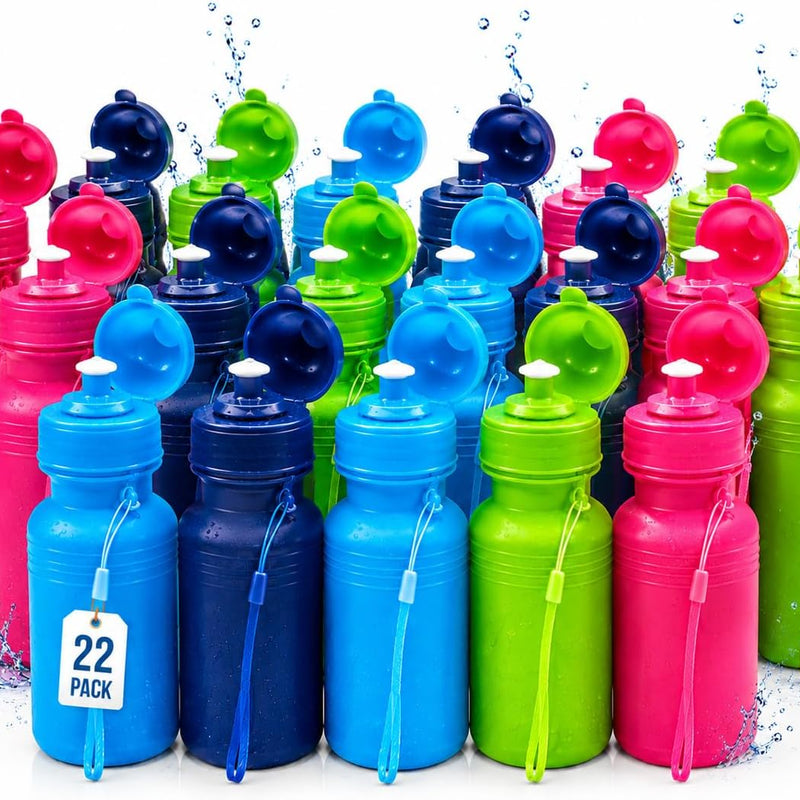 4E's Novelty Bulk Water Sports Bottles for Kids 18 oz - 12 Pack Squeeze Reusable Plastic, Neon Colors, BPA Free, Kids Water Bottles Party Favor Gift Giveaways, End of Year Student Gifts from Teacher