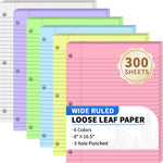 120 Sheets Loose Leaf Binder Paper, 6-Color Wide Ruled Lined Paper, 8” x 10.5”, 3-Hole Punched Notebook Paper Writing Paper for School Office