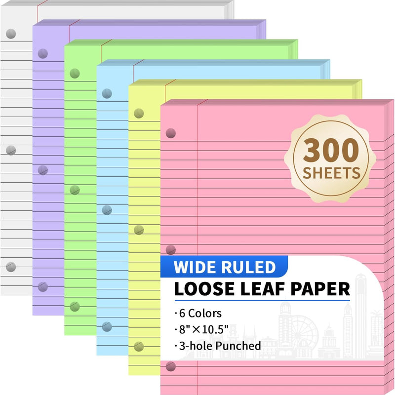 120 Sheets Loose Leaf Binder Paper, 6-Color Wide Ruled Lined Paper, 8” x 10.5”, 3-Hole Punched Notebook Paper Writing Paper for School Office