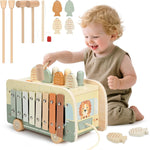 Vanplay Hammering Pounding Toys for 1 2 Year Old Girl Birthday Gifts | 7 in 1 Pink Wooden Learning Activities with Fishing/Spinner/Xylophone/Mole Game for Toddlers 1-3 - Baby Girl Gifts 12+ Months