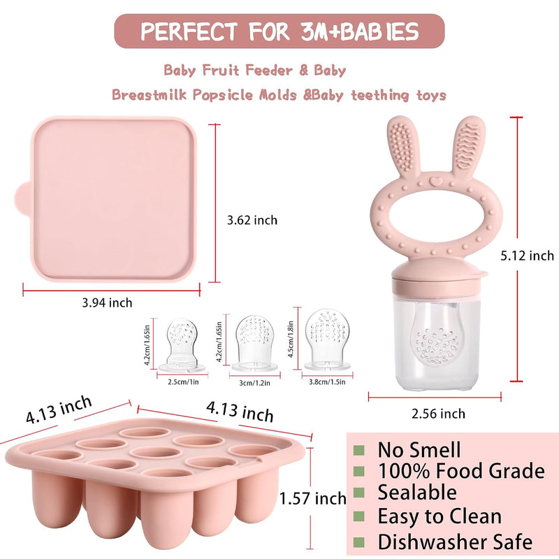 Baby Breastmilk Popsicle Molds & Baby Fruit Feeder (4 Pack), Infant Food Freezer Tray Storage Containers, Silicone Teething Pacifier Feeder and Teether for Babies（Pink&Purple）