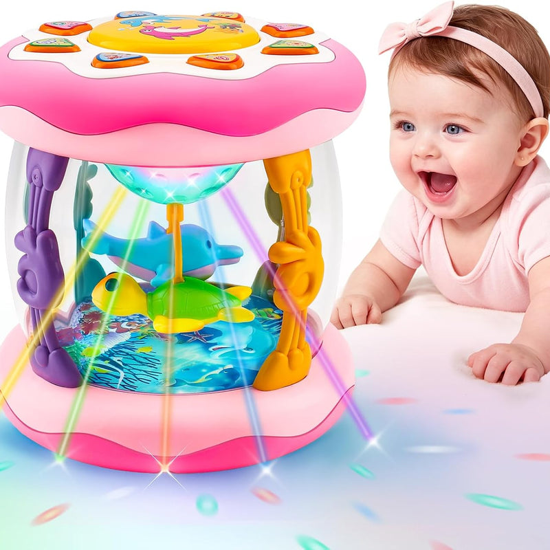 Baby Girl Toys Tummy Time Musical Light Up Ocean Rotating Projector Gifts | Infant Aquarium Crawling Walking Learning Toys Newborn Must Have Babies Girls First Birthday Shower Gifts