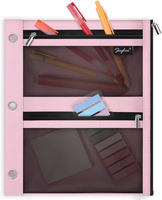 SKYDUE Pencil Pouch for Binder, Pencil Case, 3 Ring Binder Pencil Pouch with 3 Pockets and Mesh Window, Zipper Pencil Pouch, Durable Organizer for School Supplies, Cables, Earbuds, Makeup