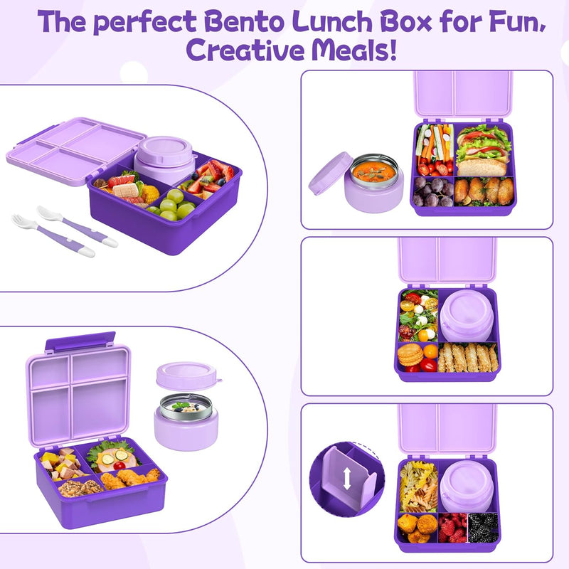 Aimsnk Lunch Box Kids, Bento Lunch Box for Kids with Thermo 8oz Food Jar, Leak Proof Hot Lunch Containers with 4 Compartment, Bento Box for Kid Toddler Insulated Lunch Bags for School (Purple)