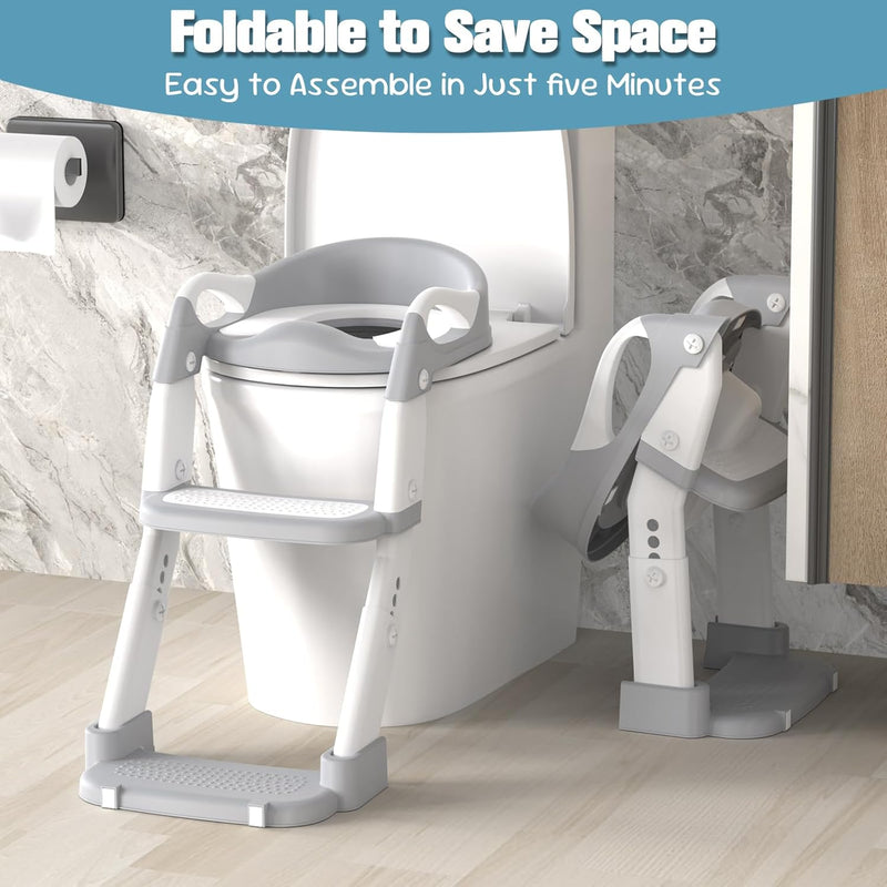 Potty Training Seat, Toddler Potty Training Toilet with Step Stool Ladder for Kids Boys Girls, 3 in 1 Foldable Toilet Seat Potty Chair with Urinals, Splash Guard, Handles, Anti-Slip Pad,Grey
