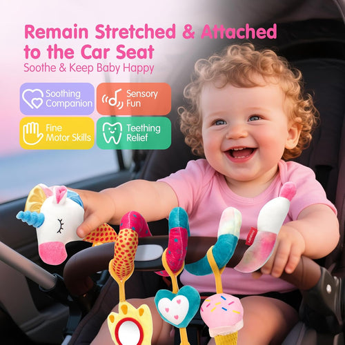 hahaland Car Seat Toys for Babies 0-6 Months Girl Stroller Toy Unicorn | Baby Toys 0-6 6-12 Months - Rattle, Mirror, Crinkle, Squeaky Carseat Toy Hanging Developmental Newborn Baby Birthday Gifts