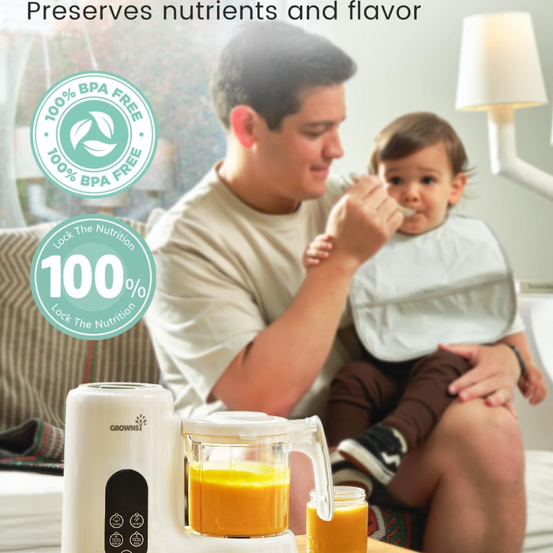 Grownsy Baby Food Maker, Steamer & Blender Baby Food Processor, White | BPA-Free Elevated Steam Basket, Healthy Homemade Baby Food Purees, Starting Solids & BLW, Baby Feeding Essentials, 6+ Months