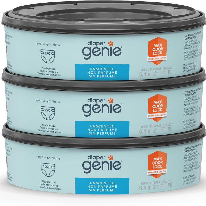 The Diaper Genie Unscented Round Refill 3-pack, with continuous film can hold up to 810 newborn-sized diapers per refill.